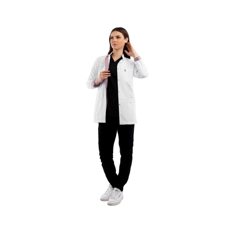 Royal Dental Coat Short Half Collar Long Sleeve Press Button Female Polyester XX-Large White And Indian Red