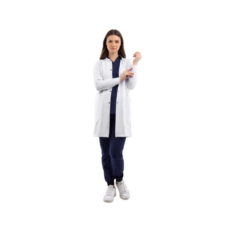 Catchy Lab Coat Long Half Collar Long Sleeve Press Button Female Polyester Small White