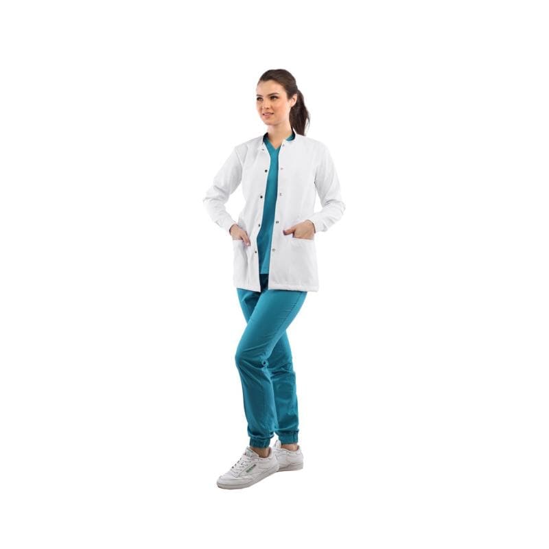Catchy Lab Coat Short Half Collar Long Sleeve Press Button Female Polyester Large White