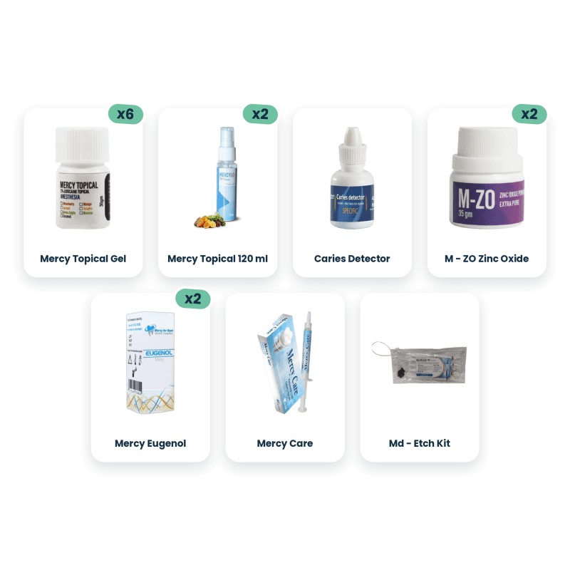 6 x Mercy Topical Gel + 2 x Mercy Topical 120 ml + Caries Detector + 2 x M - ZO Zinc Oxide + 2 x Mercy Eugenol + Mercy Cure + Md - Etch Kit