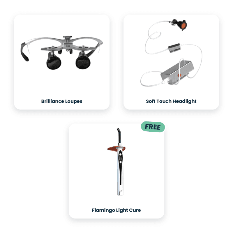 Brilliance Loupes + Soft Touch Headlight + Flamingo Light Cure Free