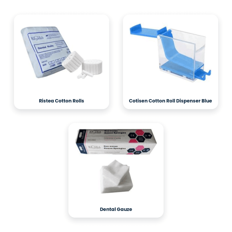 Ristea Cotton Rolls + Cotisen Cotton Roll Dispenser Blue + Dental Gauze