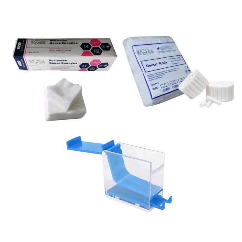 Ristea Cotton Rolls + Cotisen Cotton Roll Dispenser Blue + Dental Gauze