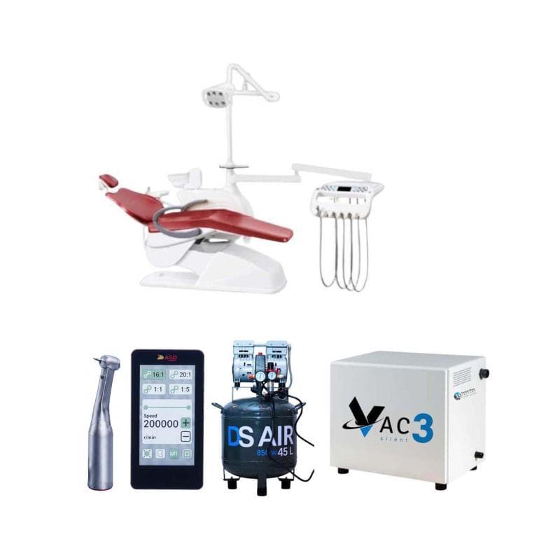 DS R9 Dental Unit + DS Air Compressor 850 W 45 Liters With Cabinet Housing Box + DS Vac 3 Surgical Suction + Electrical Motor + 1:5 Electric Contra