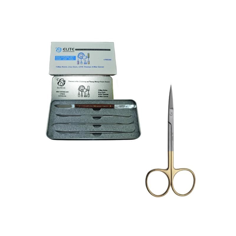 Wax Carving Set of 4 Pcs + Surgical Scissors Iris Straight