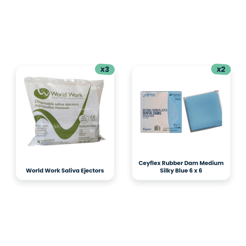 3 x Saliva Ejectors World Work + 2 x Ceyflex Rubber Dam Medium Silky Blue 6 x 6