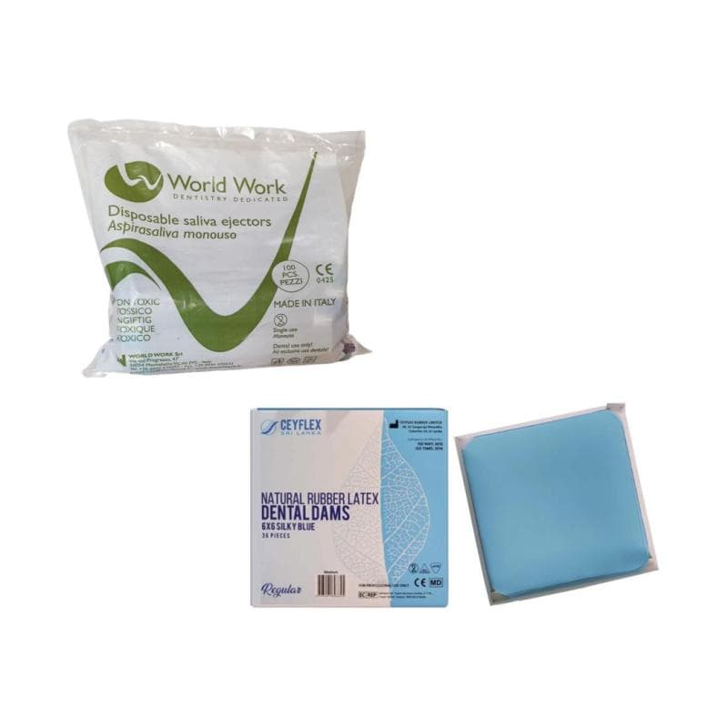 3 x Saliva Ejectors World Work + 2 x Ceyflex Rubber Dam Medium Silky Blue 6 x 6