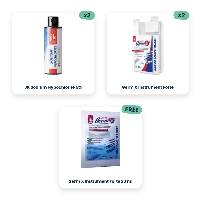 2 x JK Sodium Hypochlorite 5% + 2 x Germ X Instrument Forte + Germ X Instrument Forte 20 ml Free