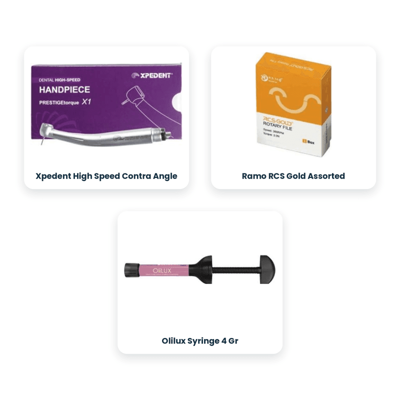 Xpedent High Speed Contra Angle + Ramo RCS Gold Assorted + Olilux Syringe 4 Gr
