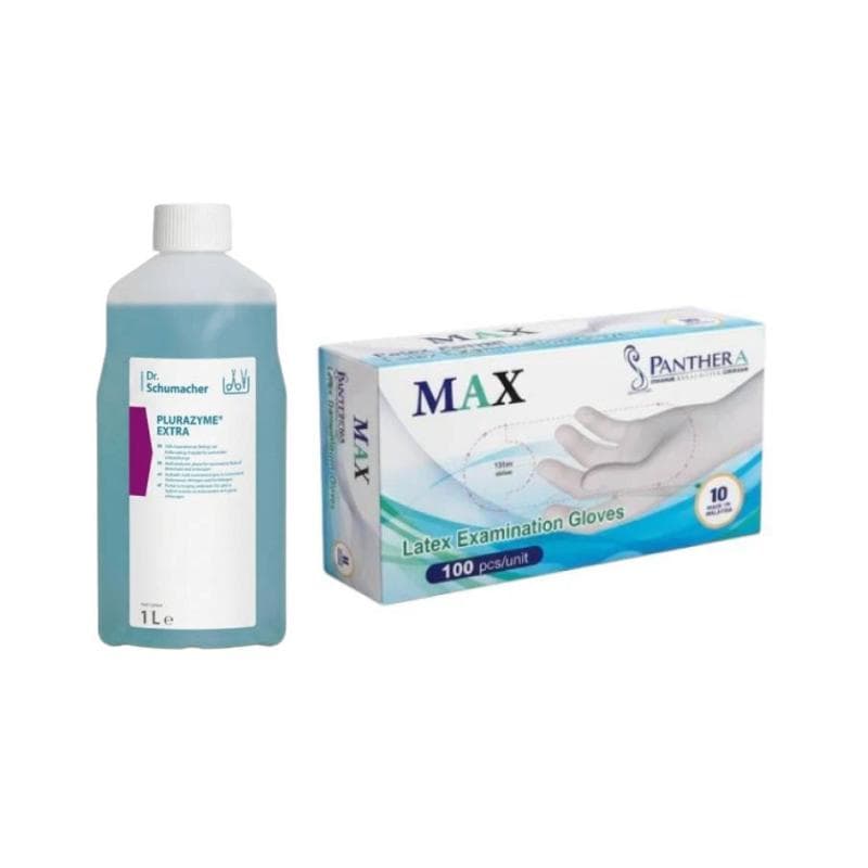 Plurazyme Extra 1 Liter + 3 x Max Latex Examination Gloves Powdered White XL + L + M Free