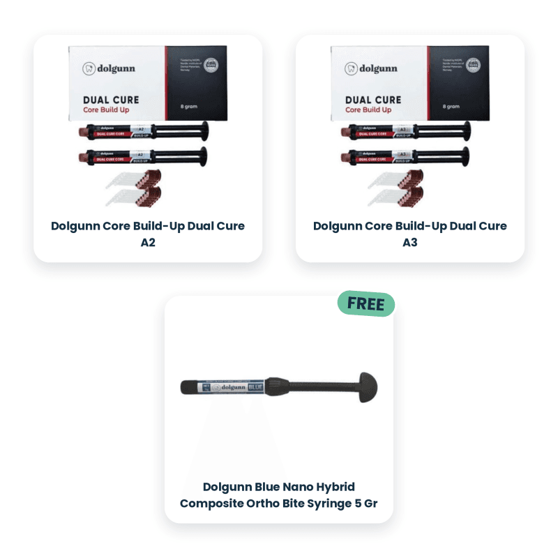 Dolgunn Core Build-Up Material-Dual Cure A2 + Dolgunn Core Build-Up Material-Dual Cure A3 + Dolgunn Blue Nano Hybrid Composite Ortho Bite Syringe 5 Gr Free