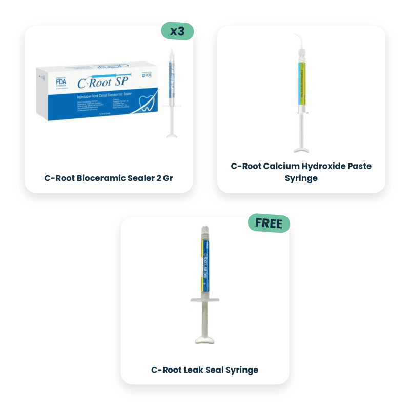 3 x C-root Bioceramic Sealer 2 Gr + C-Root Calcium Hydroxide Paste Syringe + C-Root Leak Seal Syringe Free