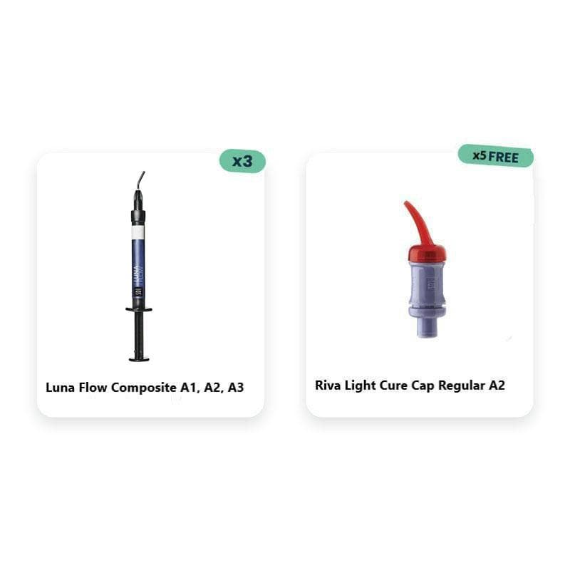 3 x Luna Flow Composite A1, A2, A3 + 5 x Riva Light Cure Cap Regular A2 Free