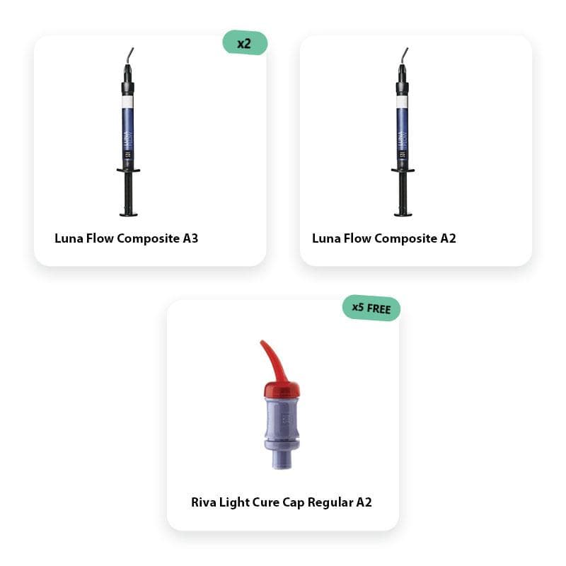 2 x Luna Flow Composite A3 + Luna Flow Composite A2 + 5 x Riva Light Cure Cap Regular A2 Free