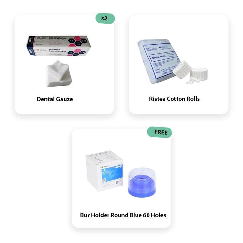 2 x Dental Gauze + Ristea Cotton Rolls + Bur Holder Round Blue 60 Holes Free