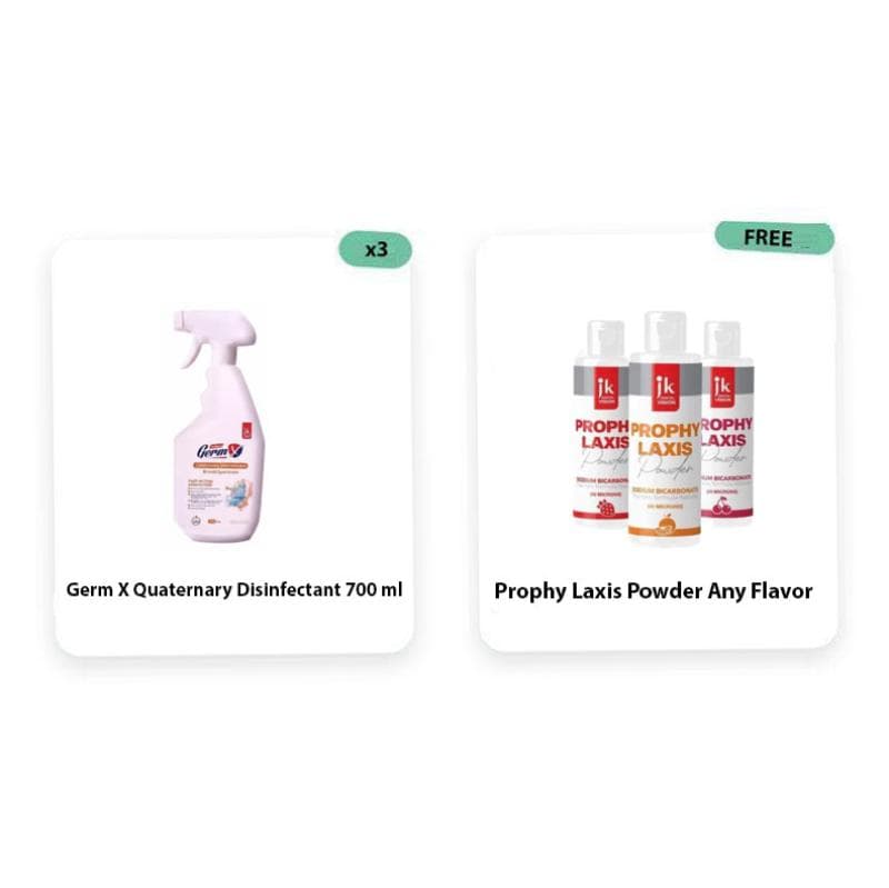 3 x Germ X Quaternary Disinfectant 700 ml + Prophy Laxis Powder Any Flavor Free