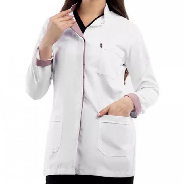 Royal Dental Coat Short Half Collar Long Sleeve Press Button Female Polyester Medium White And Indian Red