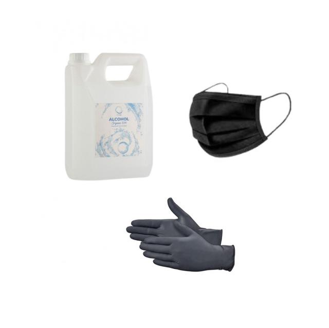 5 x Packs Of Face Mask Black + Medicinal Alcohol 4 Liter + 2 x Boxes Of Nitrile Gloves Medium Black + 3 x Boxes Of Nitrile Gloves Large Black