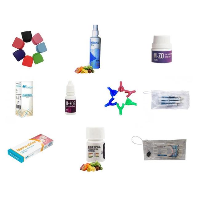 5 x Mercy Topical Gel + 5 x Mercy Topical 120 ml + M - Fog + Md - Etch Kit + Mercy Edta Cream 6 Gr + Mercy Shine Composite Polishing Paste Kit + 20 x Tray + 10 x Denture And Retainer Box - Multiple Colors + M - ZO Zinc Oxide + Mercy Eugenol
